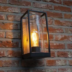 Rechthoekige buitenlamp zwart met houtlook en glas