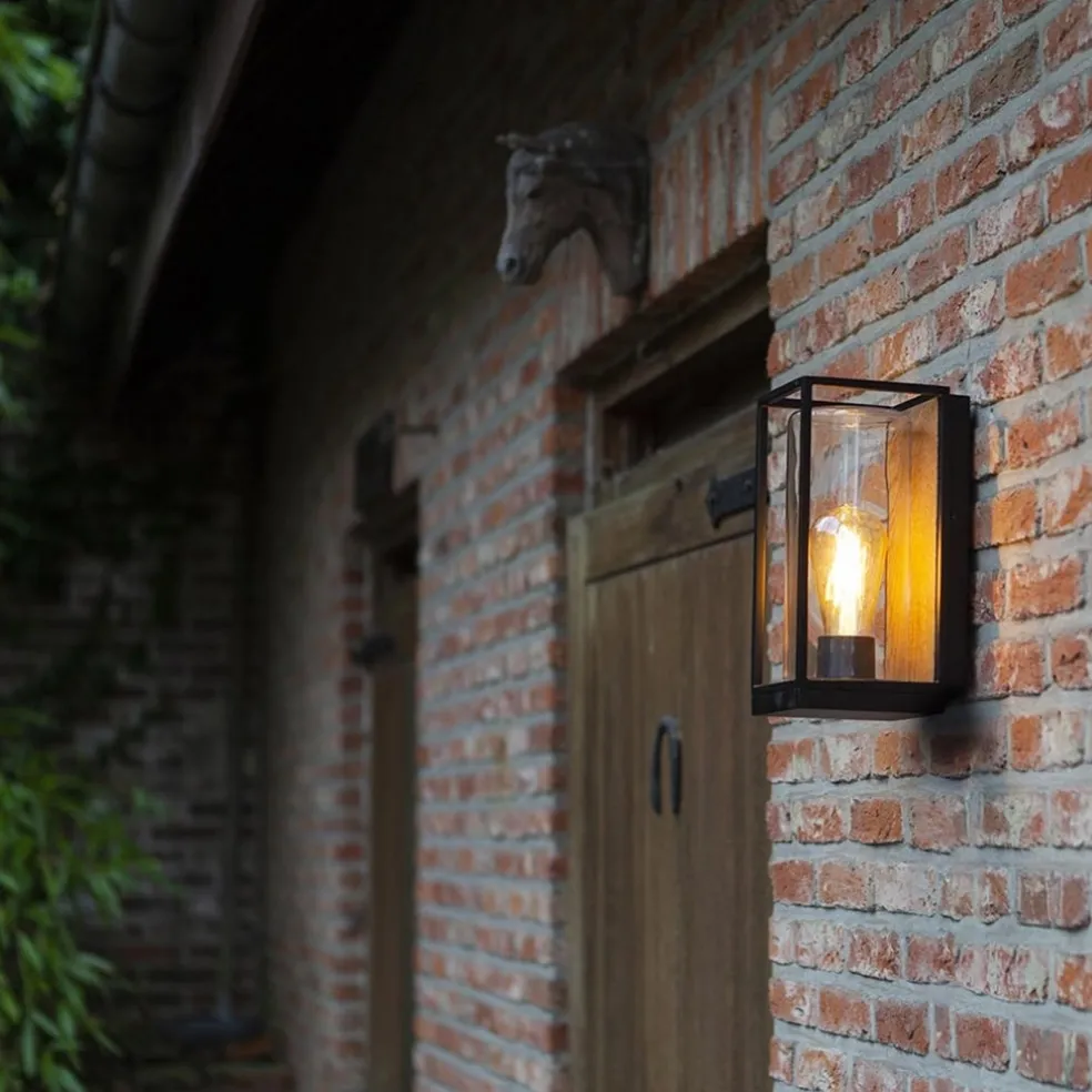 Rechthoekige buitenlamp zwart met houtlook en glas