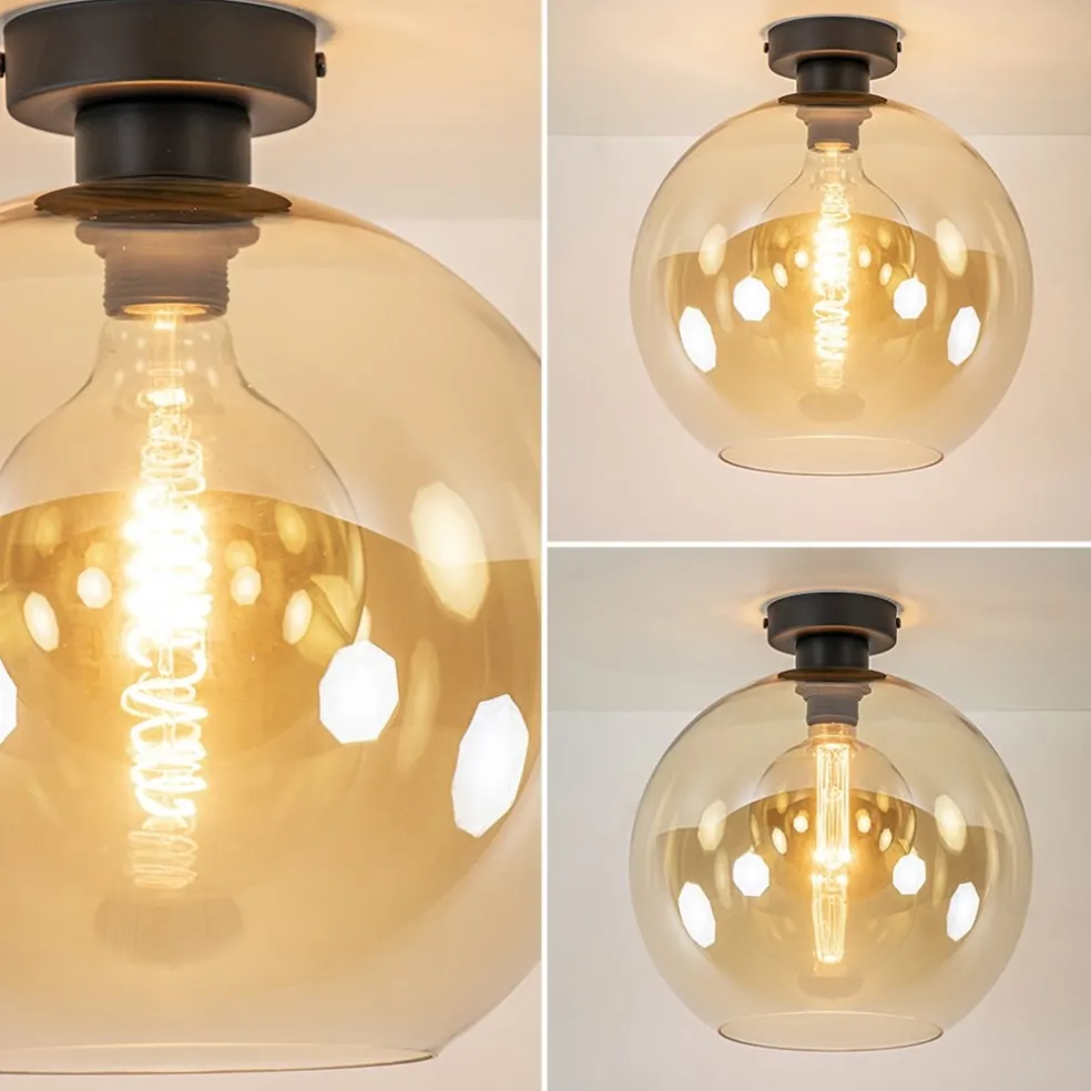 Retro plafondlamp zwart met amber glazen bol