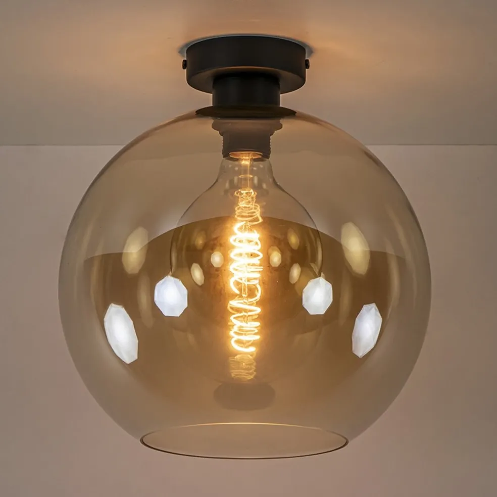 Retro plafondlamp zwart met amber glazen bol