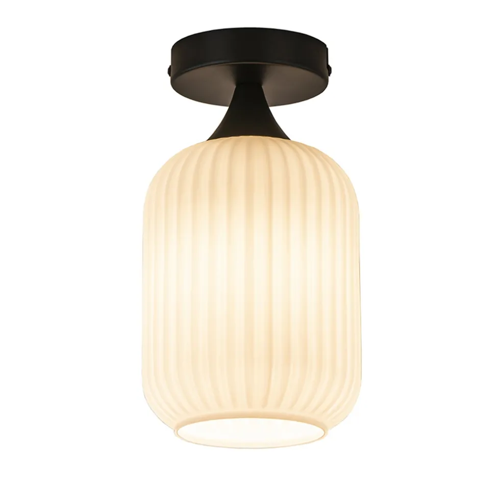 Retro plafondlamp zwart met wit glas