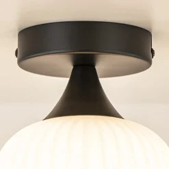 Retro plafondlamp zwart met wit glas