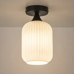 Retro plafondlamp zwart met wit glas