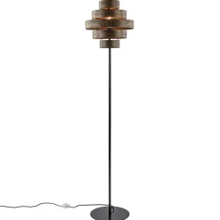 Retro vloerlamp zwart met walnoot houten kap