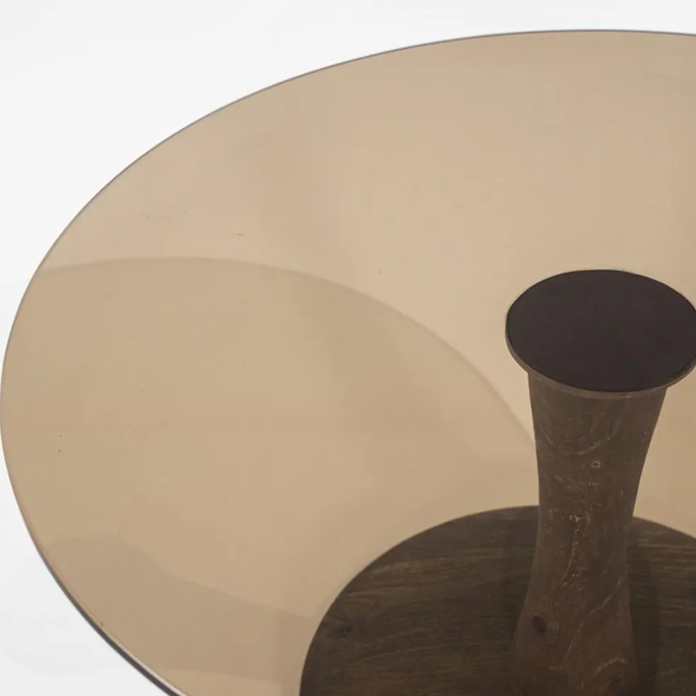 Ronde eetkamertafel bruin glas met mango houten poot
