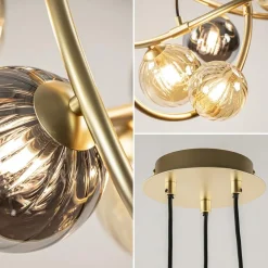 Ronde hanglamp goud met amber en smoke glas