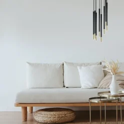 Ronde 8-lichts hanglamp cilinders zwart goud