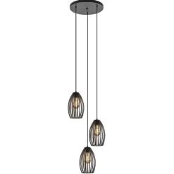 Ronde 3-lichts hanglamp met draadkappen mat zwart