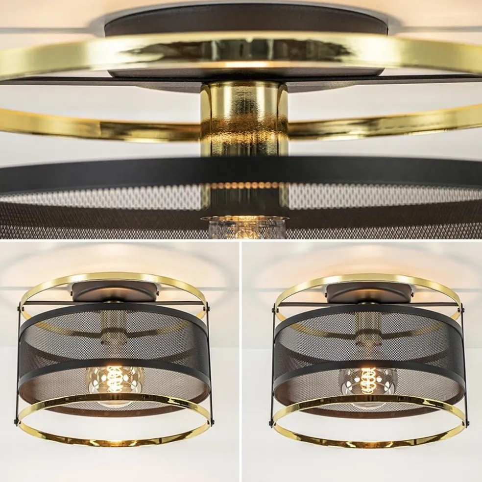 Ronde plafondlamp gaas mat zwart met hoogglans goud