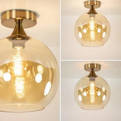 Ronde plafondlamp goud met amber glas