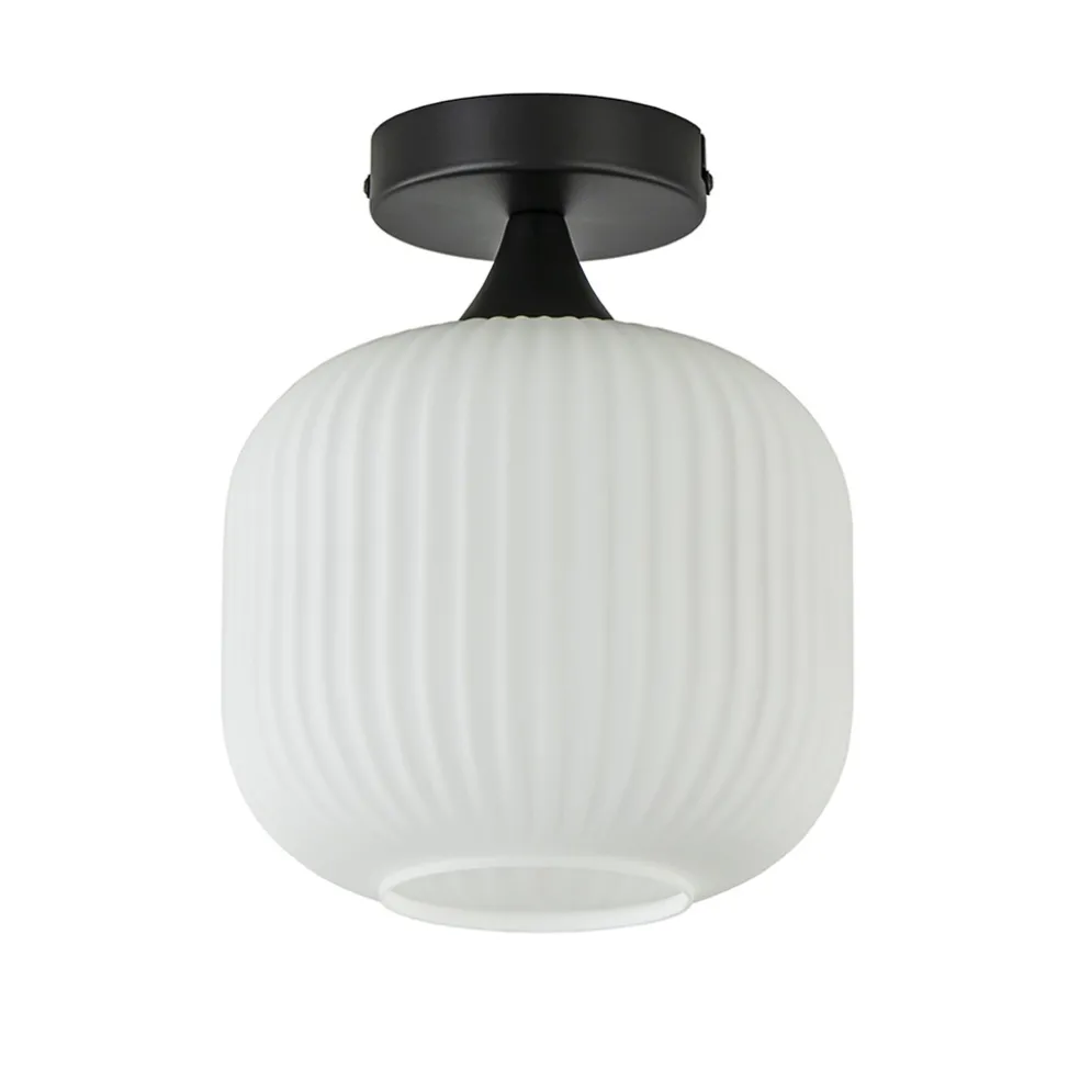 Ronde plafondlamp retro zwart met wit glas