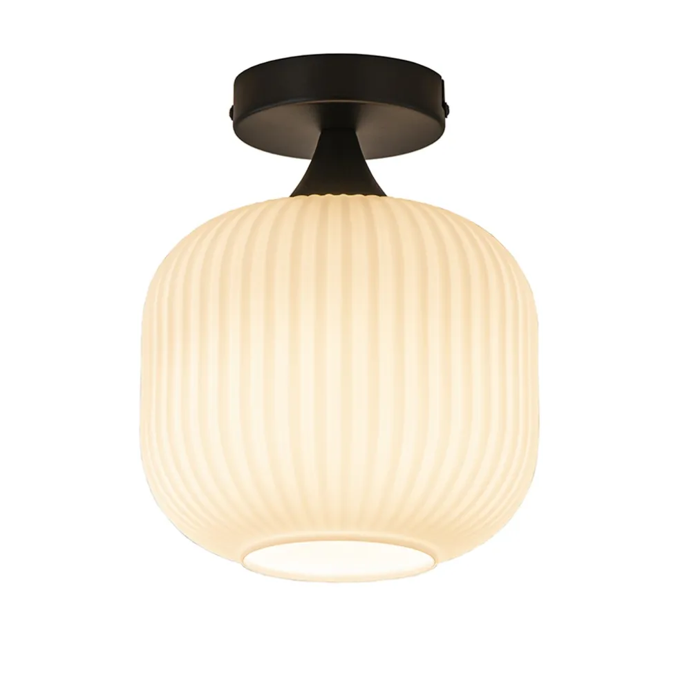 Ronde plafondlamp retro zwart met wit glas