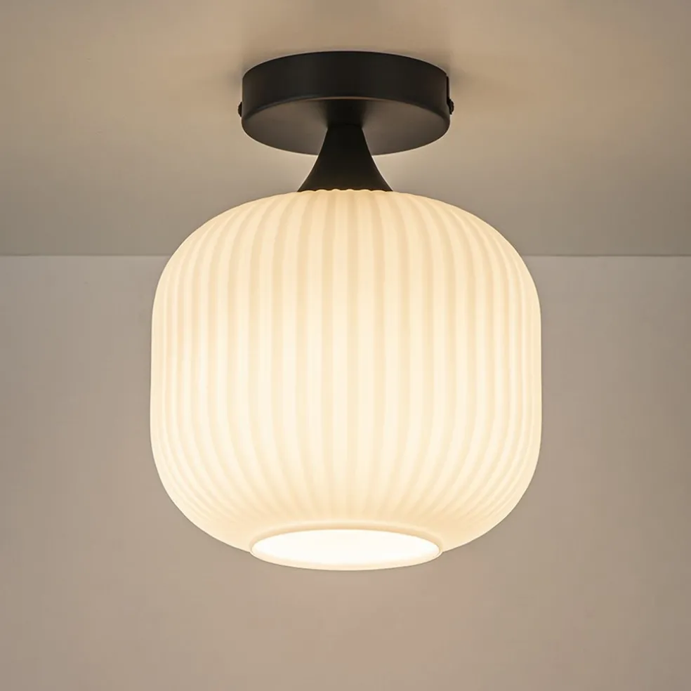 Ronde plafondlamp retro zwart met wit glas