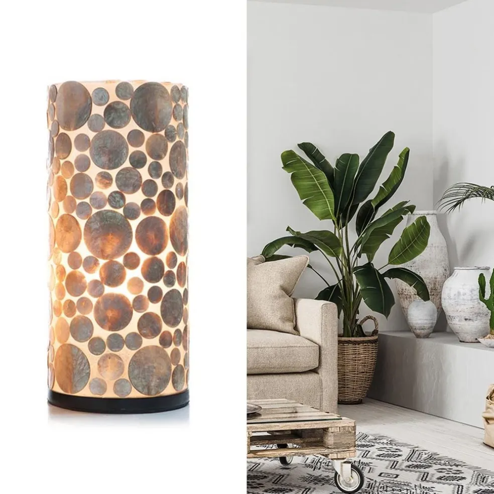 Schelpen tafellamp cilinder goud/bruin