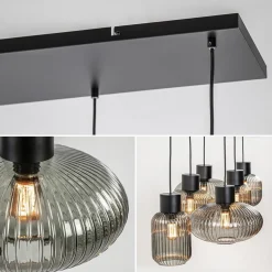 Stijlvolle 6-lichts eettafelhanglamp zwart met smoke glas