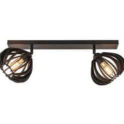 Stoere 2-lichts plafondlamp met houten kappen zwart