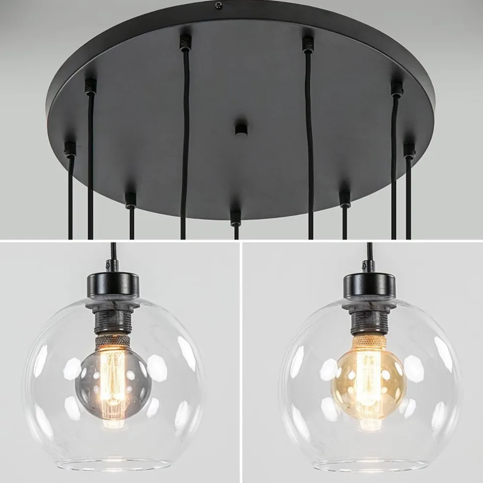Videlamp / multipendel 9L zwart helder bolglas
