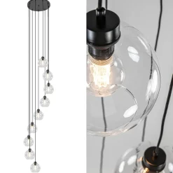Videlamp / multipendel 9L zwart helder bolglas