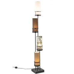 Vloerlamp 4L zwart + cilinder kappen bruin
