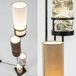 Vloerlamp 4L zwart + cilinder kappen bruin