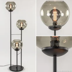 Vloerlamp 3-L zwart met bolglas smoke