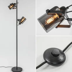 Vloerlamp mat zwart met titanium glazen kappen