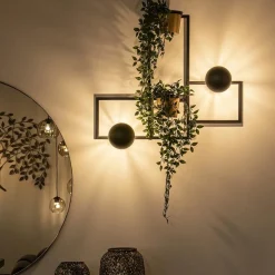 Wandlamp zwart/goud inclusief plantenpotten