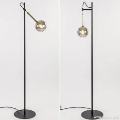 Zwart/messing vloerlamp met smoke glas